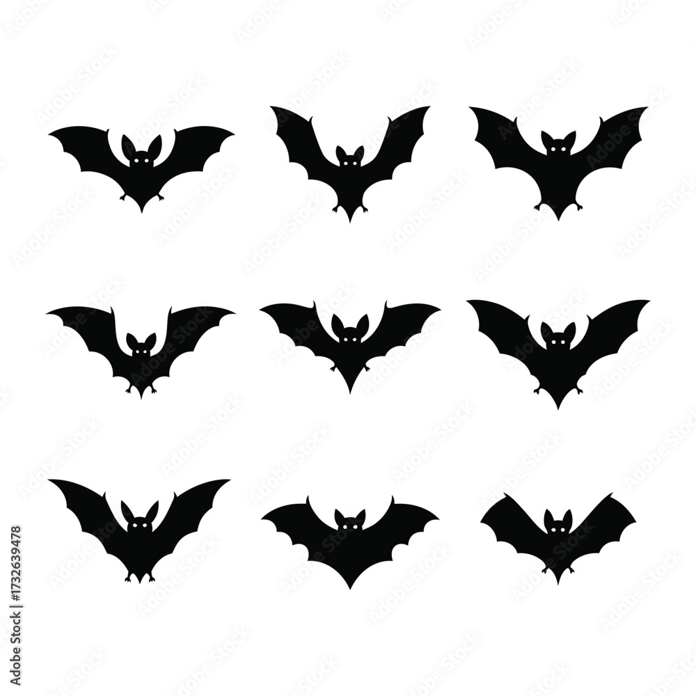 Fototapeta premium Halloween Silhouette: An array of dark, mysterious bat silhouettes in a classic pose evoke a chilling atmosphere, perfect for Halloween decor and spooky themes. 