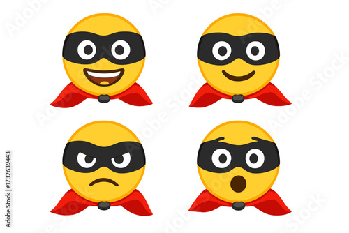 Superhero emoji set with mask and red cape, vector smiley faces showing happy, calm, angry, and surprised expressions, cartoon comic style vector illustration, transparent background