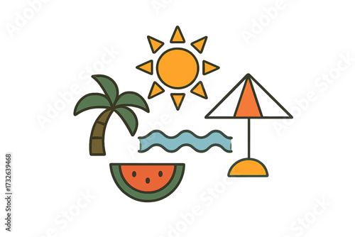 Summer time geometric minimalist badge with palm tree, sun, beach umbrella, ocean waves, and watermelon slice, colorful vector illustration on transparent background, trendy summer icons set