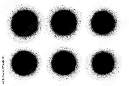 Spray painted grunge dots, paint splatter circle shapes, messy urban graffiti drawing, dirty street art texture, black dot print isolated vector cartoon art