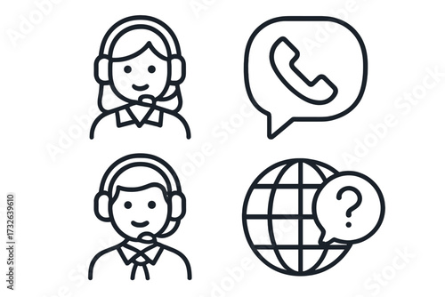 Support icon set in linear style with communication symbols, customer service headset female and male, phone call bubble, global question inquiry vector cartoon illustration transparent background