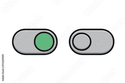 Toggle switch on and off buttons set, vector cartoon illustration of modern digital interface icons, user control elements for technology and web design, grey background