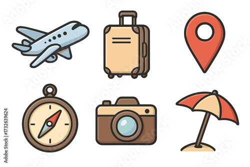 Travel icon set with airplane, luggage, location pin, compass, camera, beach umbrella in cartoon vector illustration with transparent background, vacation and tourism symbols for travel design