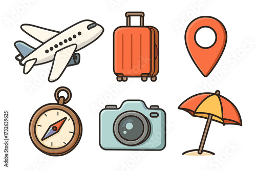 Travel icon set with airplane, luggage, location pin, compass, camera, beach umbrella. Cartoon vector illustration for holiday, tourism, vacation essentials, summer adventure design