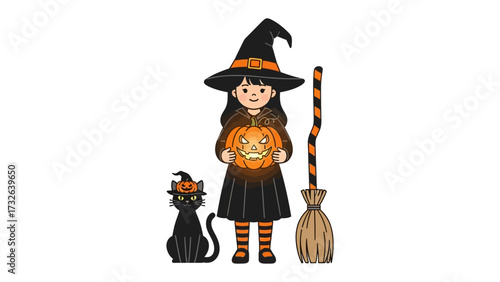 Spooky Season's Little Witch and Her Familiar: A charming young witch, with a captivating grin, holds a glowing jack-o'-lantern and stands alongside her sleek black cat. beside her broom.