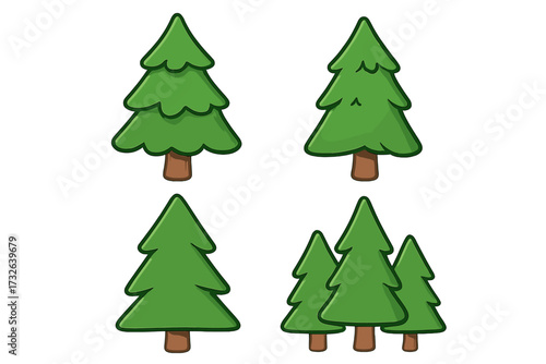 Cartoon evergreen trees icon set, vector forest symbols for graphic design, web, cards, books, articles, nature illustrations, pine tree collection with transparent background, ordered group