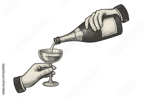 Vintage New Year party celebration poster with hands pouring champagne from a bottle into a glass, elegant halftone collage style, festive drink toast vector illustration