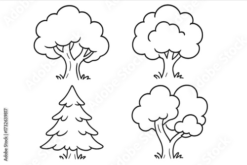 Set of cartoon tree outlines for graphic design, web, apps, adverts, cards, forest nature elements, pine and broadleaf trees, simple black line art, vector illustration, transparent background