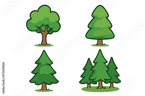 Cartoon tree forest set with green pine and leafy trees for graphic design, websites, cards, books, articles, vector illustration with transparent background, nature symbols collection