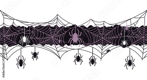 Spooky spiderwebs and hanging spiders create a thrilling Halloween atmosphere, perfect for party invitations, posters, and festive decorations for spooky fun