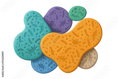 Microbiome abstract background. 3d vector illustration of microbiota, bacteria, probiotics. Science concept for health, medicine. Gut flora, microorganisms, germs template.