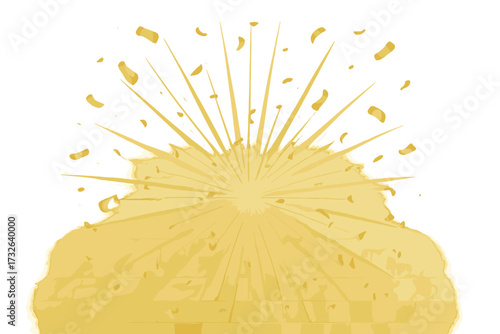 Golden burst explosion vector background with shiny confetti scatter, radiant sunburst rays illustration for celebration, party, festive event design, light effect