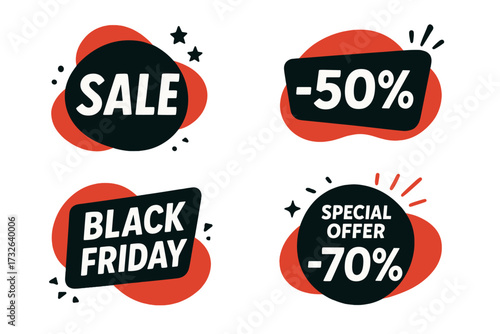 Black Friday sale banner collection. Vector discount stickers and labels. Special offer promotion tags for retail shopping. Modern graphic design elements with 50 and 70 percent off.