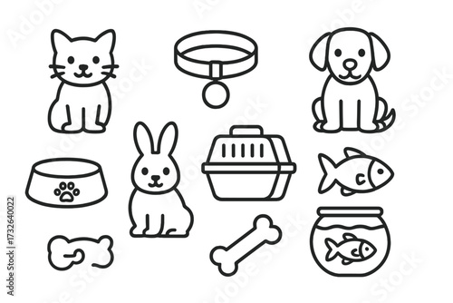Simple cute outline icons of pets and pet accessories including cat, dog, rabbit, fish, collar, food bowl, bone, and pet carrier. Vector cartoon style animal collection set.