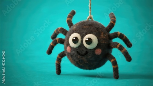 A round, fluffy black spider doll hangs from a string, with big round eyes and a friendly smile, making it look more cute than scary.