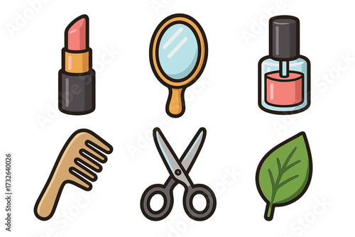 Beauty and grooming icon set with lipstick, nail polish, mirror, comb, scissors. Natural cosmetics concept. Vector cartoon illustration for salon, spa, makeup, and hairdressing.