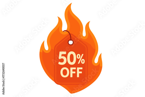 Hot sale promotion banner with 50 percent off discount. Fire flame price tag for clearance and retail advertising. Burning special offer label for marketing and shopping concept.