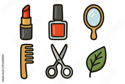Beauty and self-care icons set. Vector cartoon illustration of lipstick, nail polish, mirror, comb, scissors, and leaf. Natural cosmetics and organic grooming products.