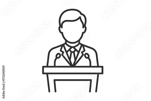 Vector icon of politician at podium speaking, thin line illustration of leadership, public speaking, business presentation, professional speaker, transparent background
