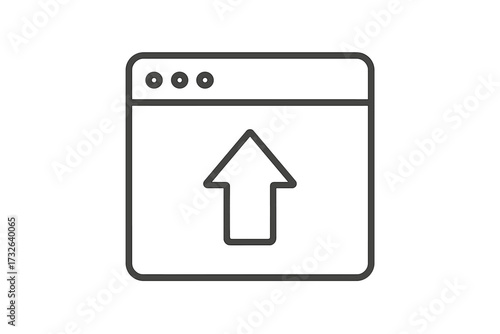 Vector linear stroke thin line icon of internet webpage with upward arrow, SEO concept, search engine optimization symbol, digital marketing, website upload, vector illustration