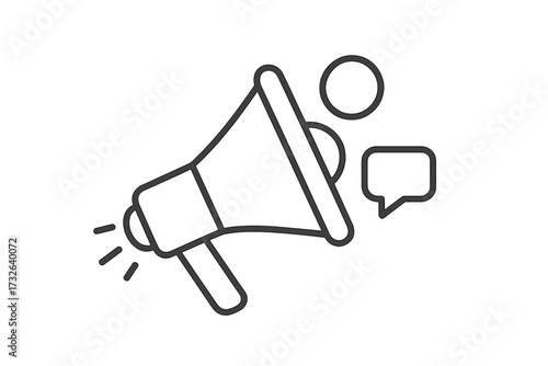 Vector linear thin line megaphone icon representing advertising, communication, marketing, announcement, promotion, speech bubble, social media, loudspeaker, business, and digital marketing concepts