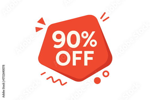 Special offer red geometric trendy bubble with 90% off discount sale sticker, modern retro vector tag design for clearance and promotional price label
