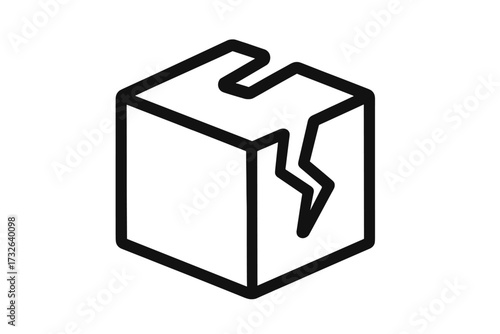 Broken box thin line icon. Damaged package symbol. Fragile parcel delivery problem concept. Cracked cargo shipping and handling sign. Return defective order vector illustration.