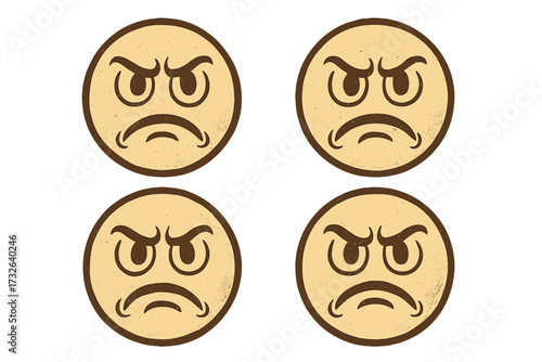 Vintage retro disapproval emoticon set, angry emoji smiley faces, vector illustration of unhappy expressions, classic distressed style, transparent background design