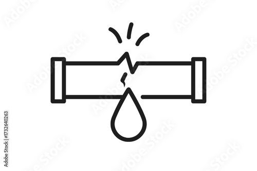 Broken pipe water leak line icon. Plumbing problem, pipeline burst. Damage, crack, drip concept. Water leakage and loss symbol. Plumber service for home repair. Vector illustration.