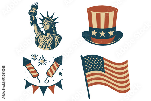 4th of July Independence Day retro icon set. Vintage American patriotic symbols collection. USA national holiday graphic elements with Statue of Liberty, flag and Uncle Sam hat.