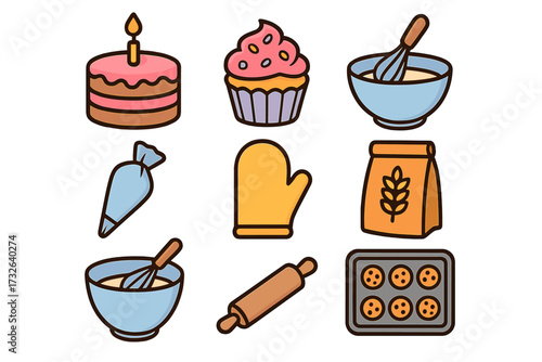 Baking and pastry icon set. Colorful cartoon vector icons of kitchen tools for cooking desserts. Includes birthday cake, cupcake, cookies, flour, whisk, and rolling pin. Flat design.