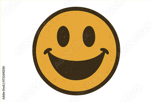 Vintage retro smiley face with open mouth, positive happy emoji icon, classic nostalgic smiling emoticon vector illustration with textured distressed style and transparent background