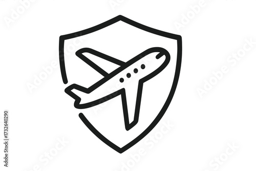 Travel insurance icon. Flight protection symbol with an airplane in a shield. Safe travel concept. Aviation security and passenger safety. Secure journey and vacation guarantee.