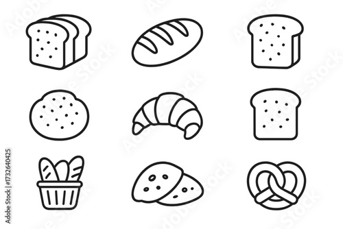 Bakery and bread line icon collection. Pastry, croissant, loaf, pretzel vector symbols. Editable stroke outline graphic elements for web design, apps, ui, ux and books.