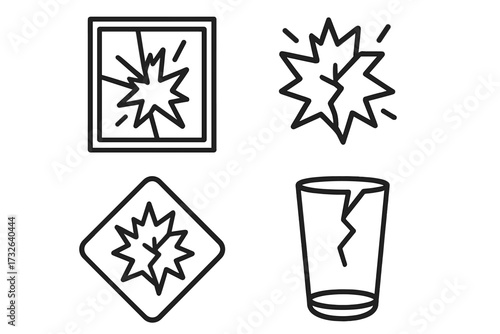 Broken glass outline icon set. Shattered window, cracked cup, damage sign vector collection. Simple line art illustration for web, apps. Vandalism, accident symbol.