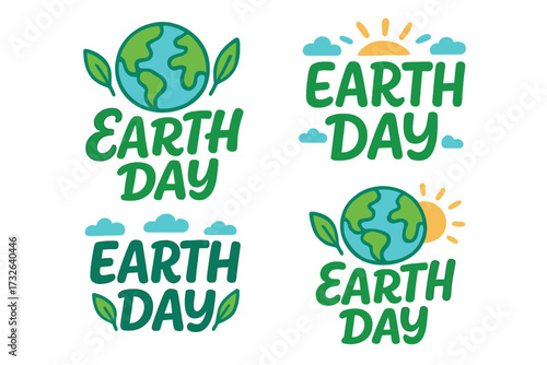 Earth Day lettering set. Collection of eco friendly vector badges for April 22. Ecology and environment conservation concept. Green planet logo with leaf, sun and clouds.