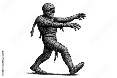 Walking mummy illustration, vintage Halloween halftone dotted textured vector, spooky cartoon character in 90s grunge style, horror undead wrapped bandages, classic horror clipart