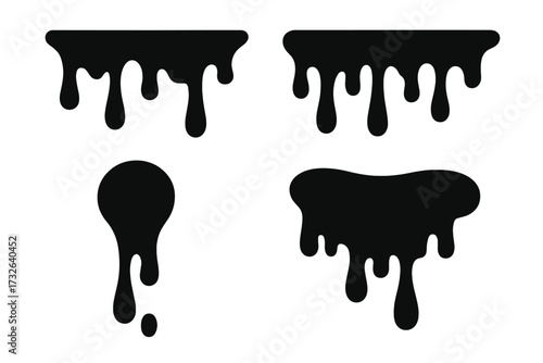 Dripping paint liquid set. Black ink drops and stains. Current oil or chocolate syrup leaks. Vector graphic silhouette illustration. Abstract splash melt effect elements.
