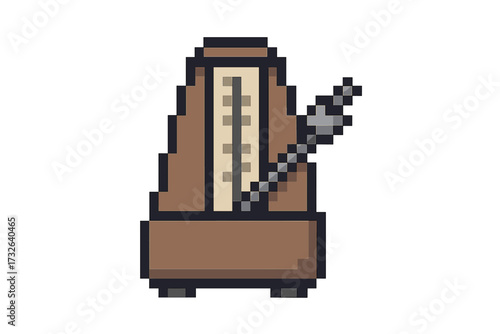 Pixel art metronome icon. 8-bit retro video game sprite. Classic mechanical tool for keeping time, tempo, rhythm. Music education symbol for musician practice and beat precision.