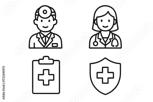 Medical and healthcare line icon set. Doctor, nurse, physician symbol. Health care concept. Medical insurance protection shield. Patient health record clipboard. Medicine, clinic.