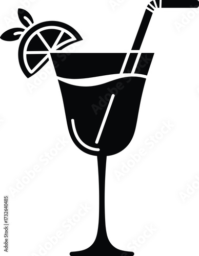 Black Silhouette Cocktail Drink With Lemon Slice And Straw alcohol beverage