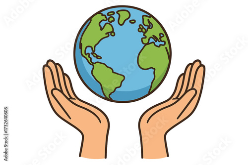 Hands holding globe vector. Planet Earth care concept. Save the world metaphor. Environmental conservation and sustainability. Global support, peace and unity illustration.