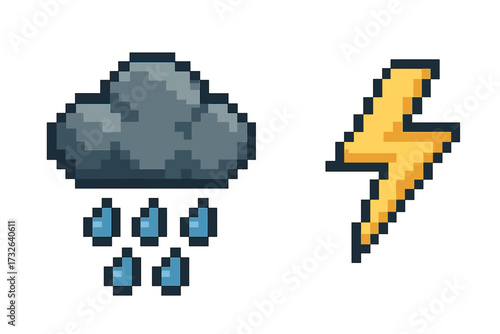 Weather pixel art icon set. Rain cloud and lightning bolt. 8-bit retro video game style sprite. Meteorology graphic elements for forecast. Storm, thunder, rain, energy concept.