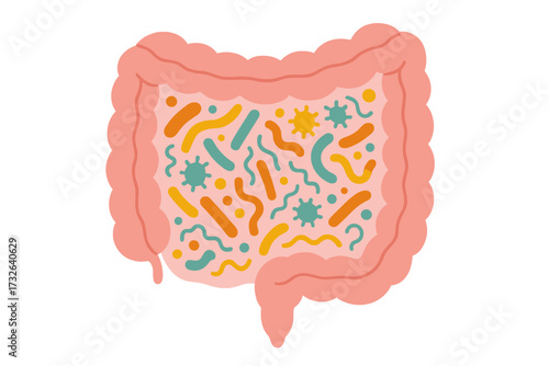 Gut microbiome with healthy probiotic bacteria. Human intestine microbiota concept. Abstract vector of digestive system flora. Medical illustration for gastroenterology and science.