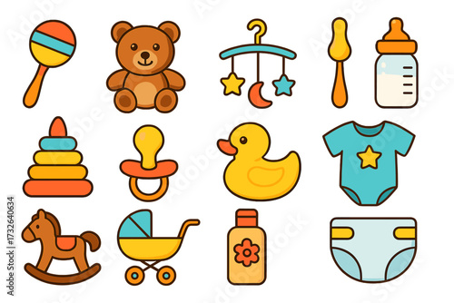 Set of cute baby icons. Vector cartoon collection of newborn essentials for childcare. Flat design elements for infants. Toy, bottle, pacifier, duck, stroller, diaper, teddy bear.