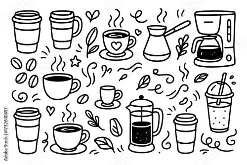 Coffee doodle icon set. Hand drawn vector collection for cafe menu. Black line art. Takeaway cup, mug, coffee maker, french press, pot, bean, hot drink, beverage elements.