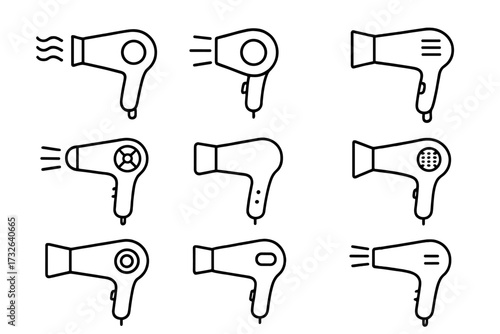 Hair dryer line icon collection. Minimalistic linear pictogram set. Blow dryer vector symbol for web, graphic design, apps. Hairdressing tool for beauty salon. Cartoon illustration.