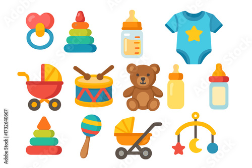 Baby shower icon collection. Colorful flat vector illustrations of newborn essentials. Childcare and nursery symbols. Pacifier, bottle, teddy bear, stroller, bodysuit set.
