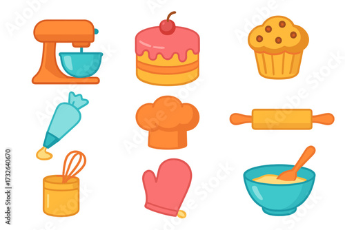 Colorful baking and cooking icons set. Flat cartoon vector illustration for pastry and confectionery. Collection includes cake, cupcake, mixer, whisk, rolling pin, chef hat.