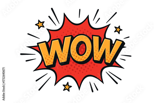 Wow comic speech bubble in pop art style. Retro cartoon explosion burst for a surprise expression. Halftone vector illustration for sticker, poster, and promotion design.